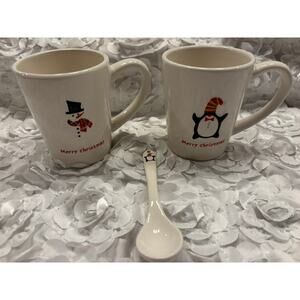 Oneida Christmas Cut Outs Zulauf Design Snowman & Penguin Mugs w/Spoon